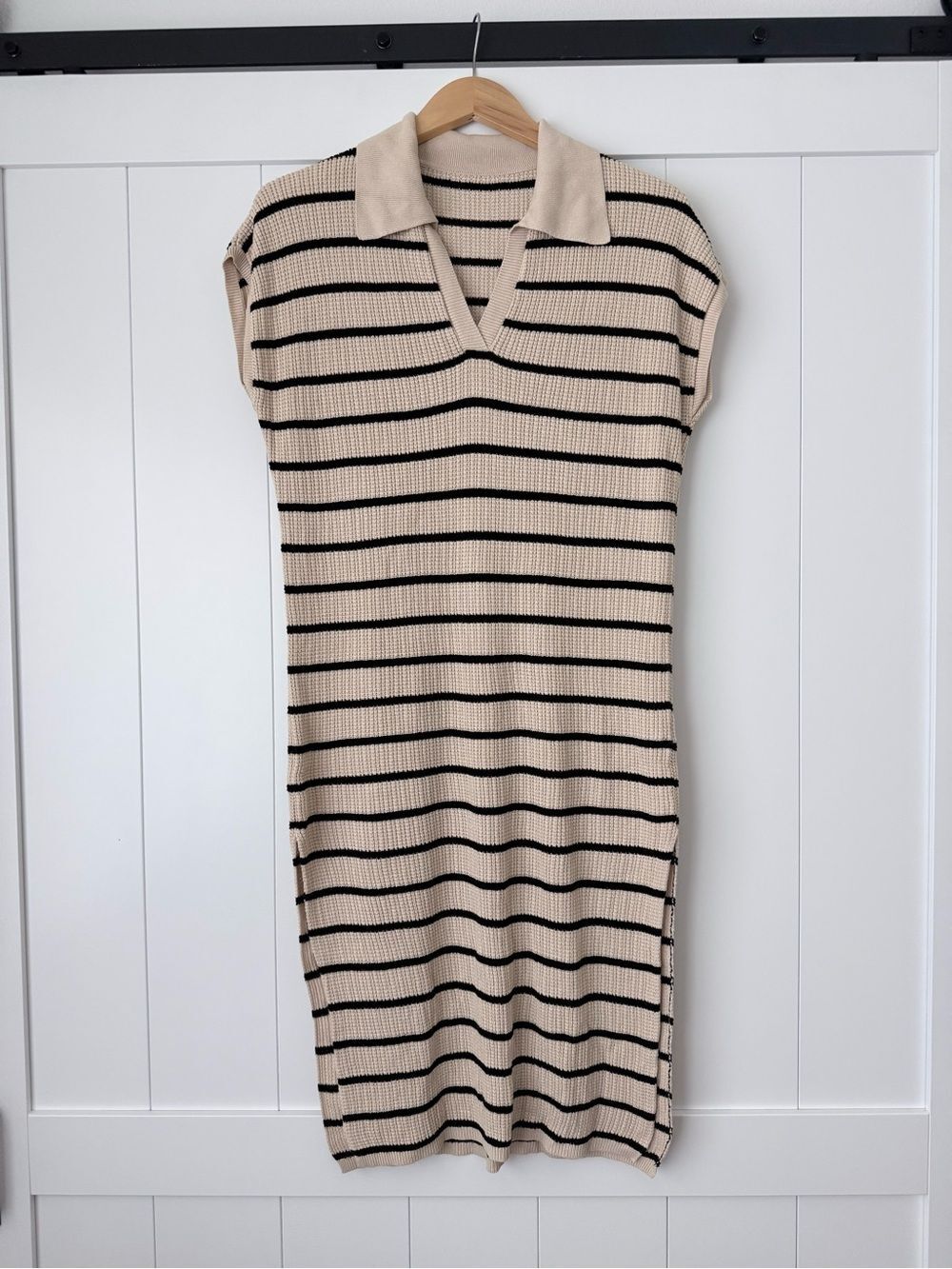 Striped Crochet Knit Polo Midi Dress Sz M Beige Black Slit Beach Summer Preppy - Picture 1 of 14